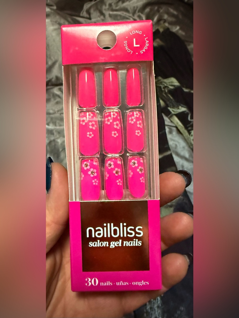 Pink Floral Salon Gel Nails - Pack of Press-On Tips 30 long hot pink square/glue